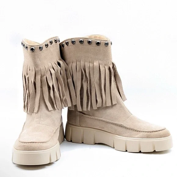 New! GEOX Ghoula Fringe Studded Suede Platform Booties in Taupe - Picture 3 of 13
